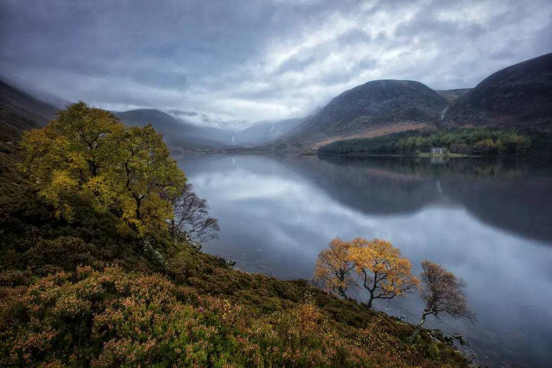 Loch Muick in autumn, birches turning gold under low cloud