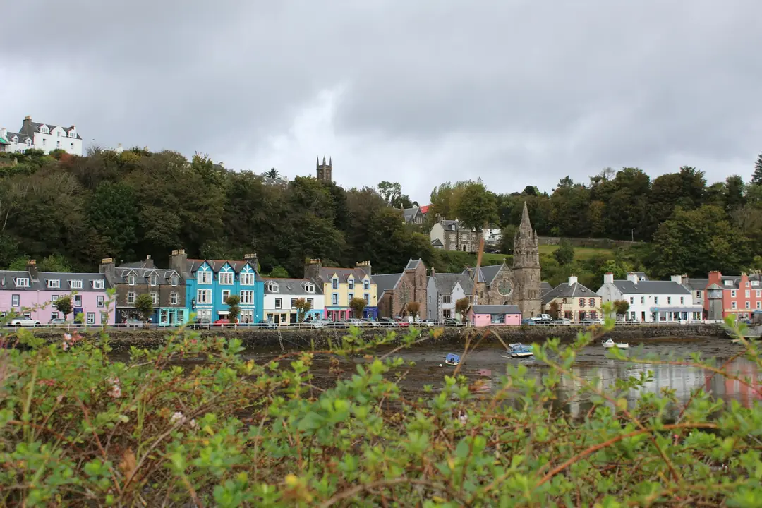 The coloured houses of Tobermory seen from the hill above the harbour